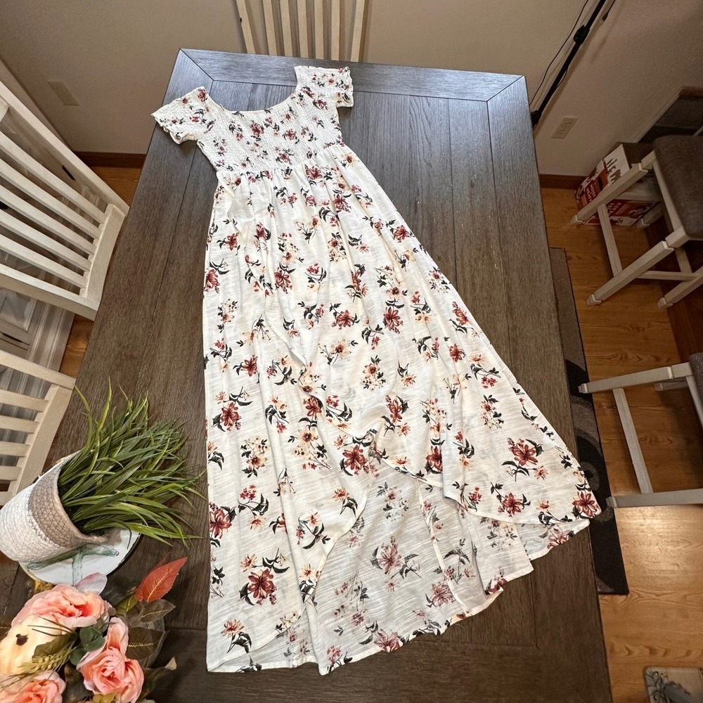 Altar State Floral Smocked Maxi Dress High Low White‎ Red Size L